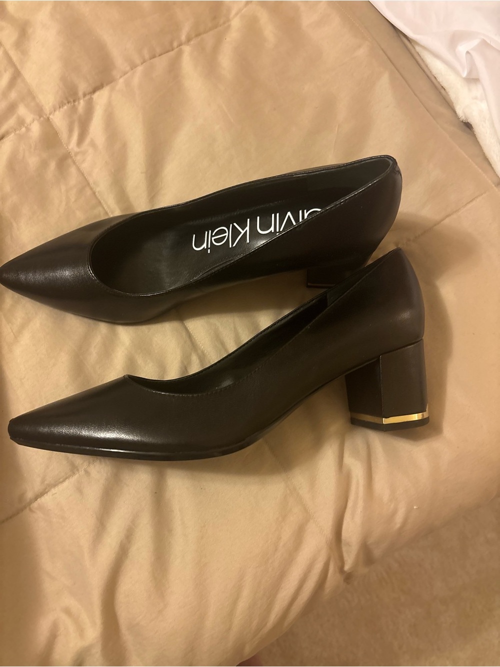 Calvin Klein Black Pointed Leather Block Heel Pumps with Gold Accent